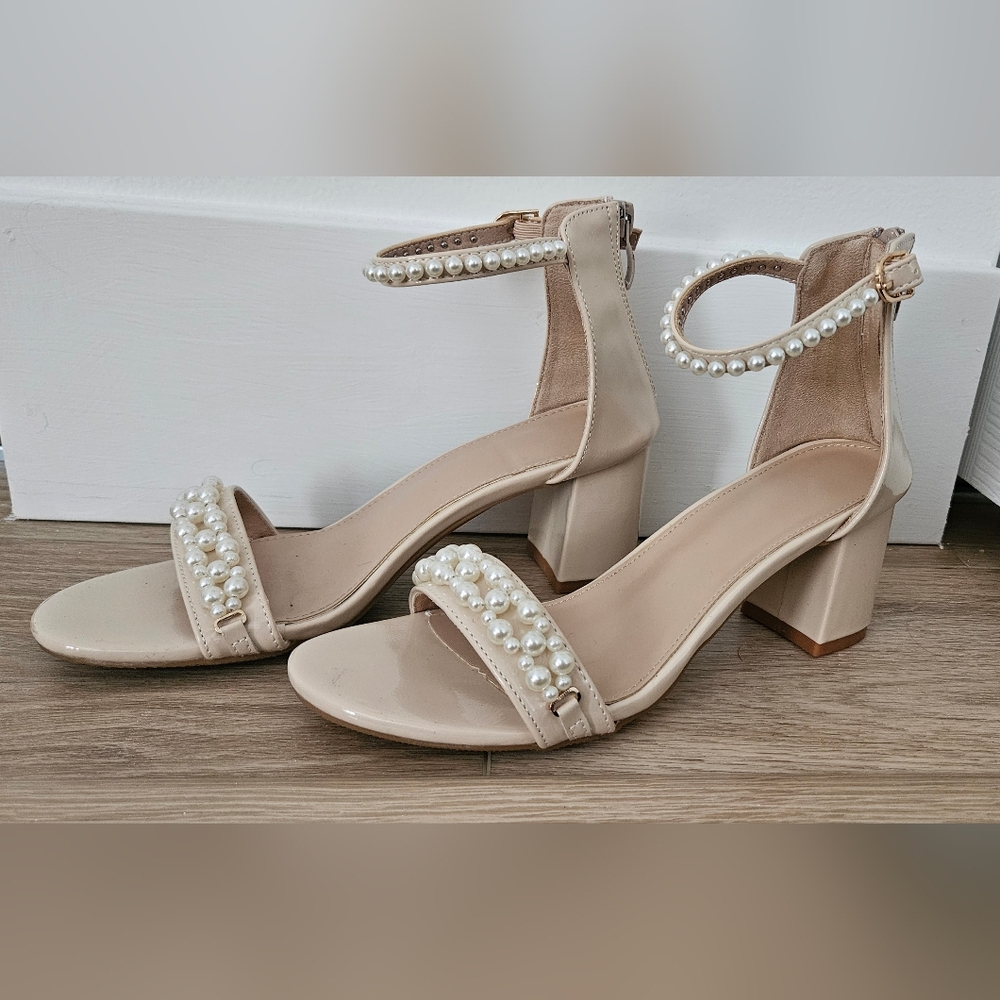 Elegant Pearl-Embellished Beige Heels Size 7